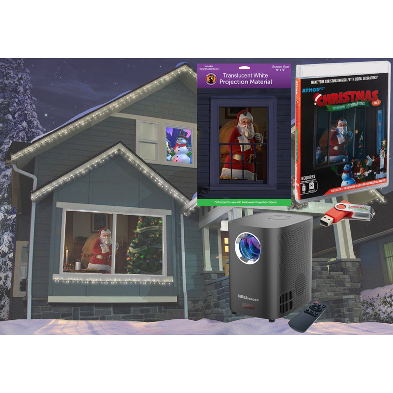 La trousse de décoration numérique de Noël HoliScapes® comprend 7 effets vidéo AtmosFX® pour projecteur HD super lumineux et écran de projection holographique de 48 po x 72 po