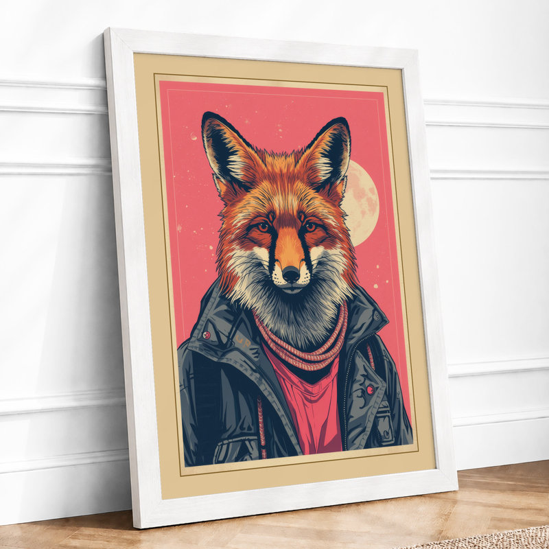 Fox in Navy Jacket Modern - Framed Print, A4 - 29.7 x 21.0 cm, White