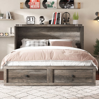 Grand lit escamotable avec station de charge et de rangement Revan Farmhouse, gris