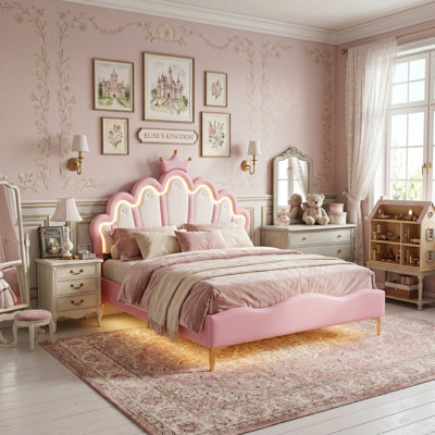 Multi-Sizes Upholstered Princess Bed With Dual-Zone Led, PU Leather Height-Adjustable Headboard, Pink/White (90x190, 90x200, 140x200)