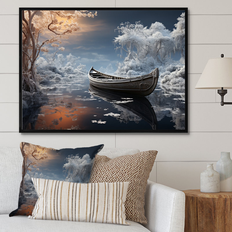 «Winter at the Lake», reproduction sur toile, 12" H x 20" W, Cadre flottant noir