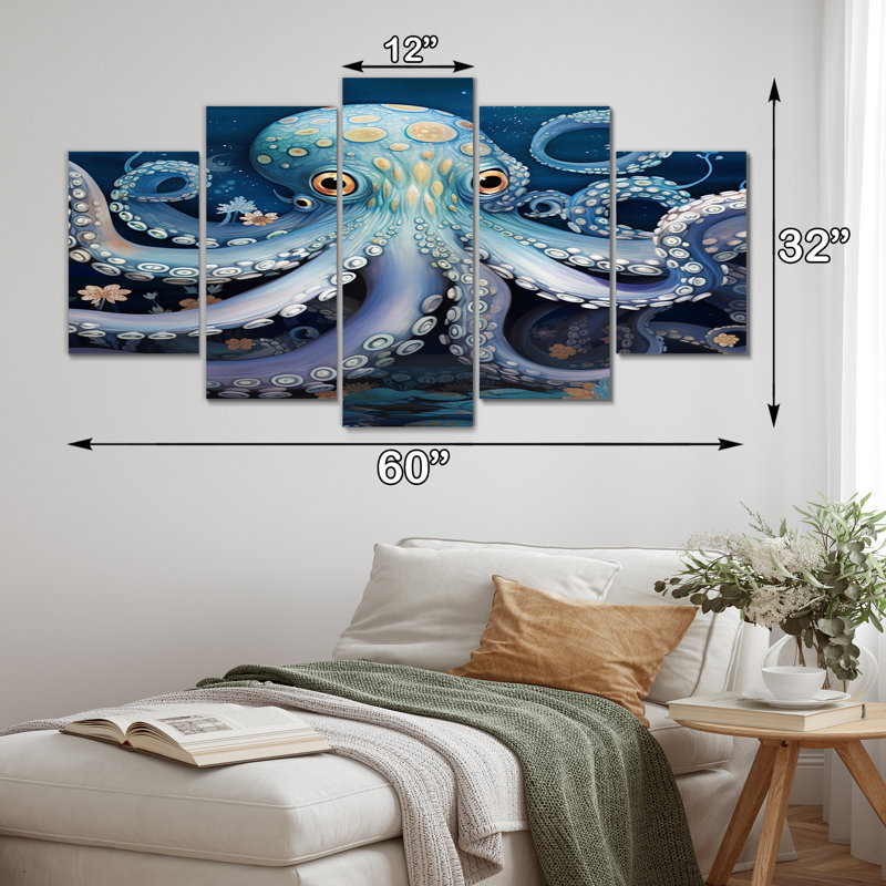Illustration de poulpe éthéré dans un fond profond - animaux, pieuvre, art mural, salon - 5 panneaux