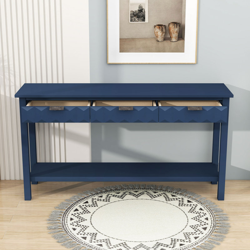 Vintage Honeycomb Wooden Console Table with Storage Drawers and Open Shelf for Entryway, Navy Blue