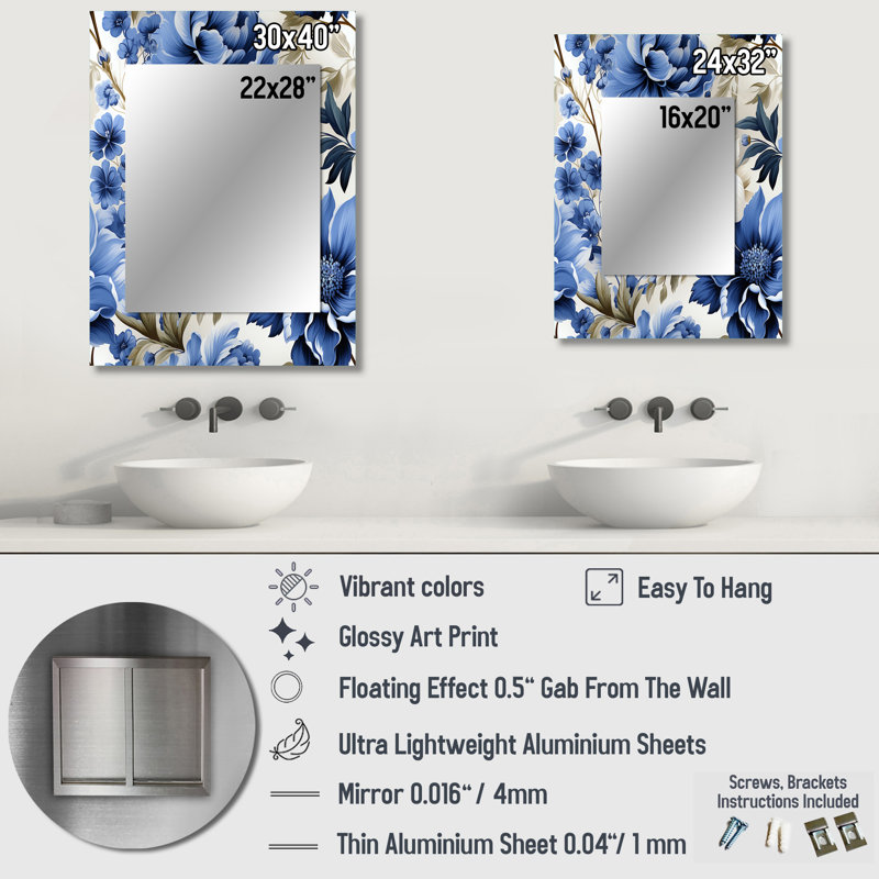 Motif victorien Aristeu bleu cobalt brocart - miroir décoratif floral, grand miroir mural de maison, art en métal imprimé
