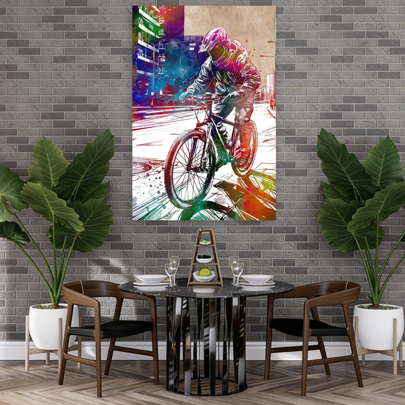 «Vibrant Street Biker Contemporary Architecture City», art mural, H 60 po x l 40 po