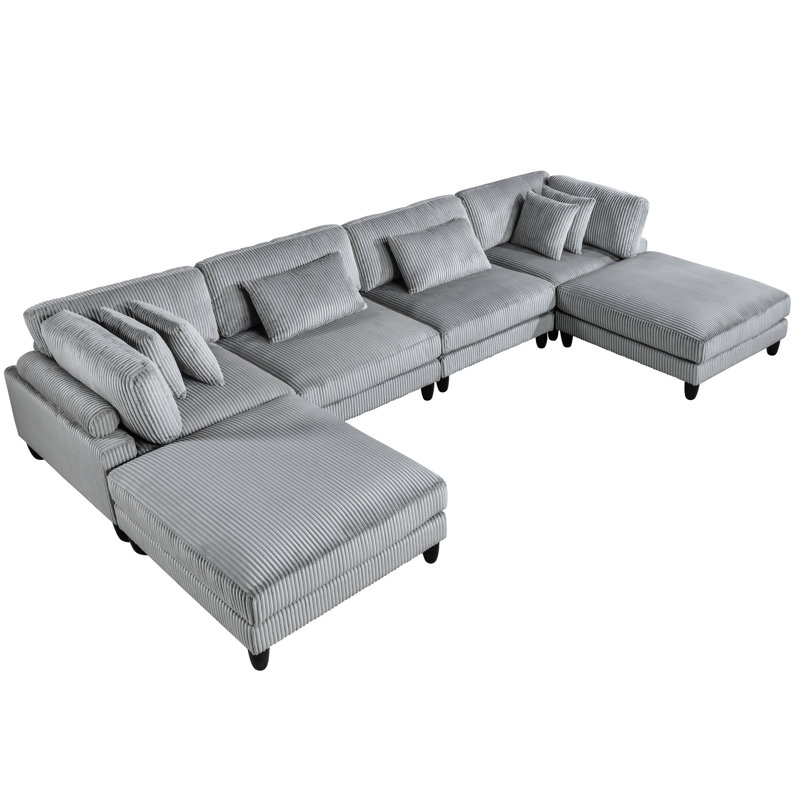 Meuble modulaire contemporain en velours côtelé gris 6 pièces - 2 fauteuils sans accoudoirs, sièges d'angle, repose-pieds et coussins décoratifs