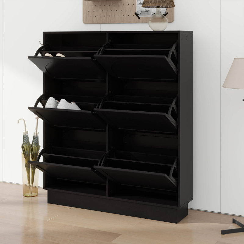 Armoire à chaussures moderne basculante avec 6 tiroirs rabattables, tablette réglable, étagère à chaussures autoportante avec 3 crochets argentés
