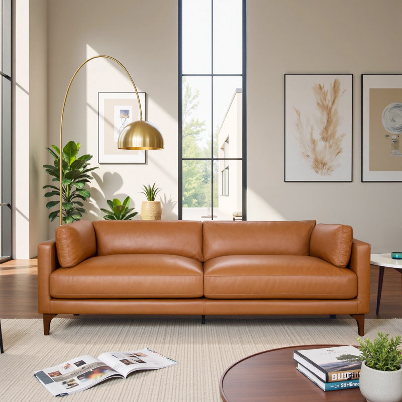 Solara Mid-Century Modern Leather Sofa with Walnut-finished Solid Wood Legs