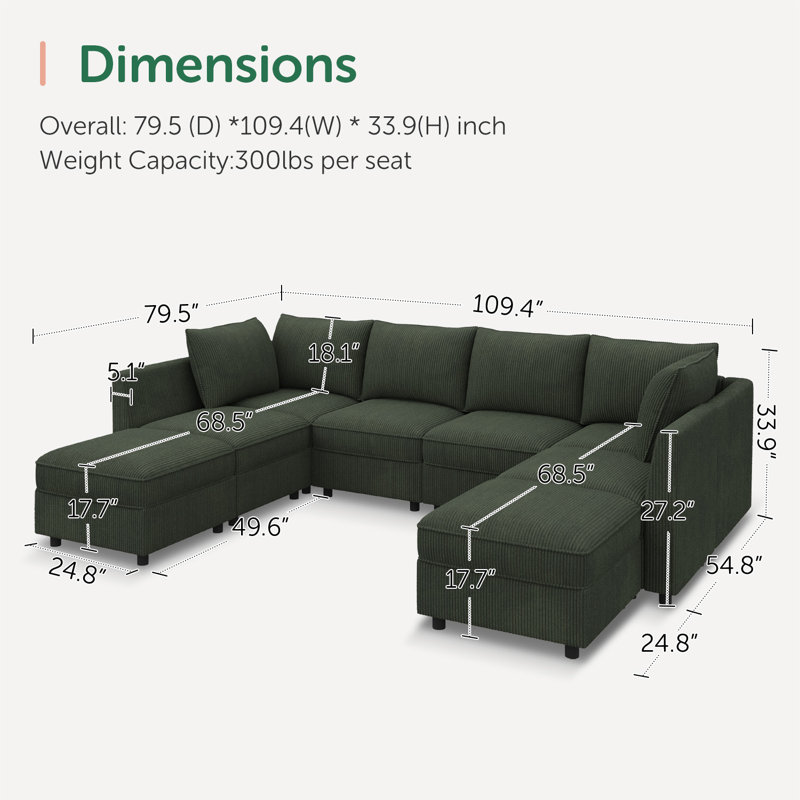 Tremee U Shaped Modular Sleeper Sofa Sectional Sofa With Storage Green, Green Corduroy