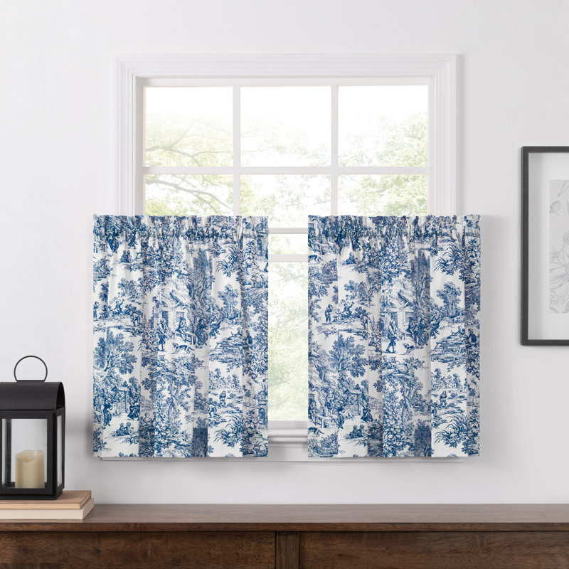 Amelie Cotton Toile Tailored Cafe Curtain, 68" W x 36" L, Blue