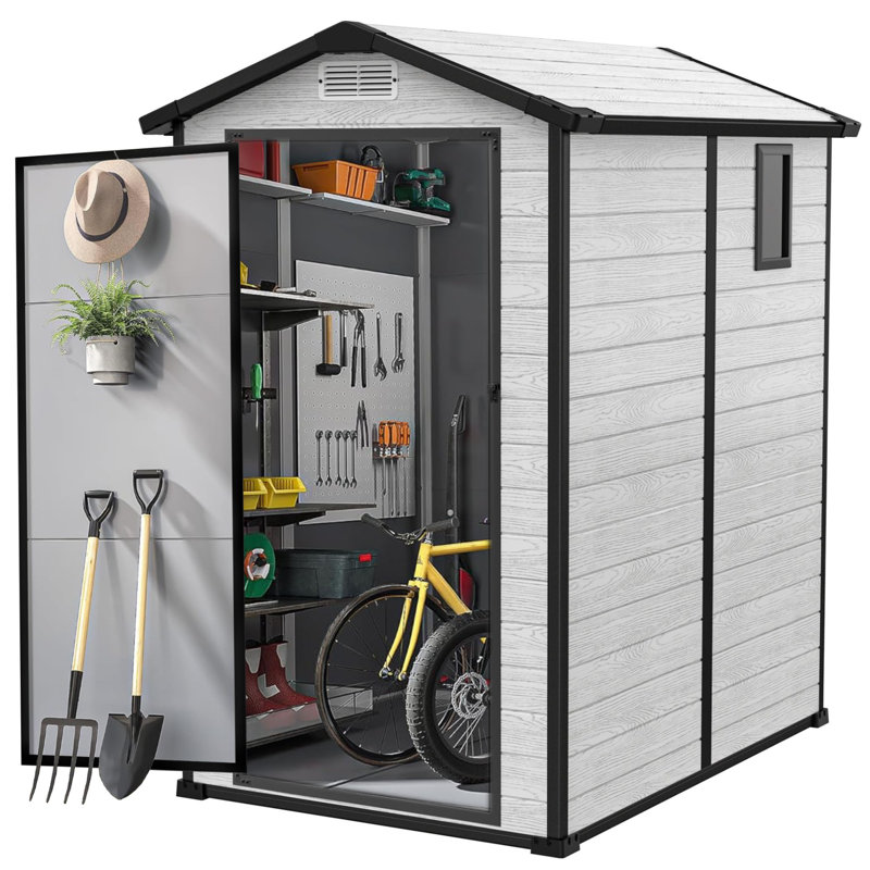 4.2 x 5.7 FT Resin Outdoor Storage Shed with Floor, 150 Cu Ft Weatherproof Garden Tool Storage, 7FT Tall Backyard Plastic Shed with Side Window & Lockable Door for Lawn Mower Yard Equipment, Grey