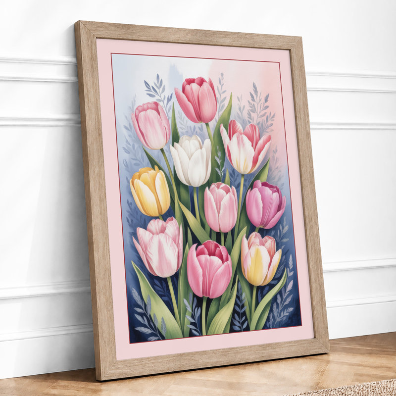 Tulips in Soft Bloom Botanical - Framed Print, A2 - 59.4 x 42.0 cm, Oak