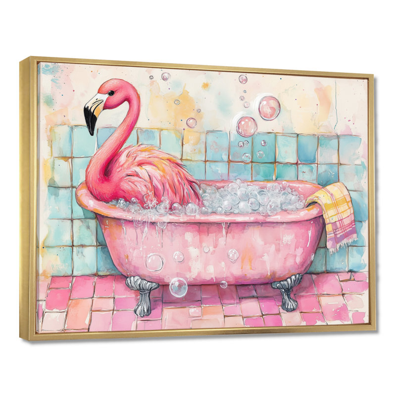 Bain de bulles roses - Impression sur toile encadrée Flamant rose, H 12 po x l 20 po, Cadre flottant doré