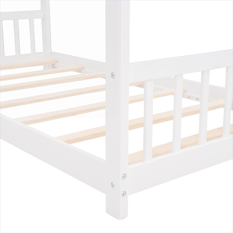 Lit plateforme simple en bois massif de style contemporain blanc doux avec toit de maison, Twin, White