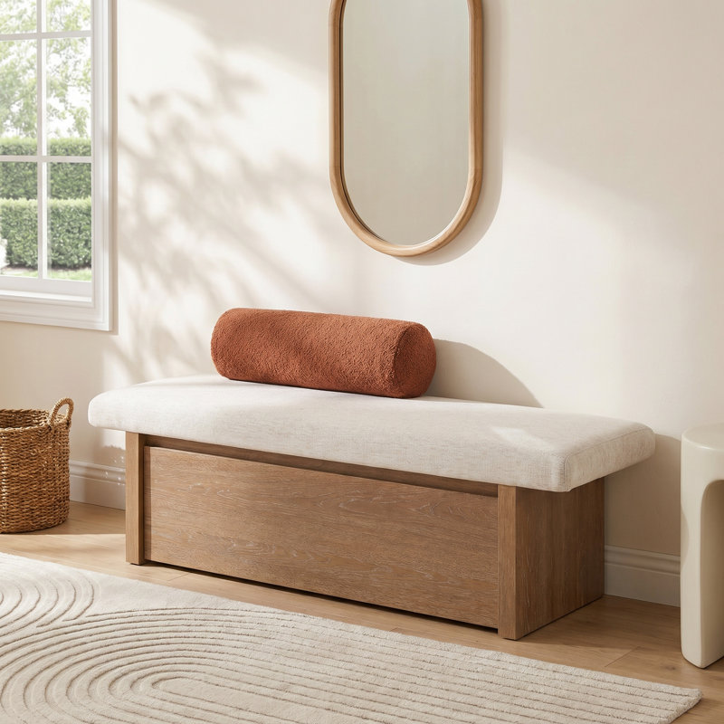 Polyester Blend Upholstered Storage Bench, White