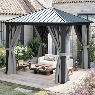 10 Ft. W x 10 Ft. D Aluminum Patio Gazebo with Grey Curtains