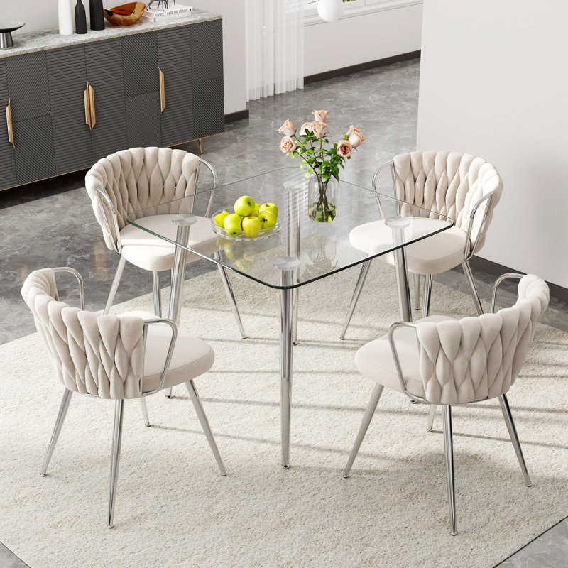 36" Square Glass Top Dining Table Set For 2-4, Beige, 5 Pieces: Table, 4 Chairs