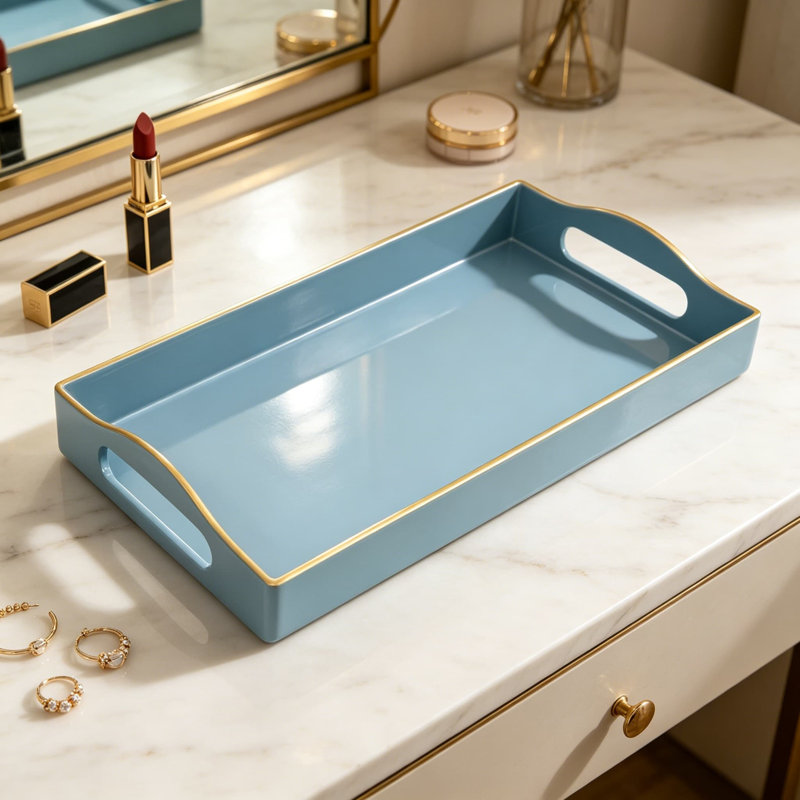 Plateau décoratif de salle de bain pour comptoir, plateau de rangement pour meuble-lavabo avec poignées, plateau de rangement pour parfum, bijoux, maquillage, clés, plateau rectangulaire en plastique bleu clair