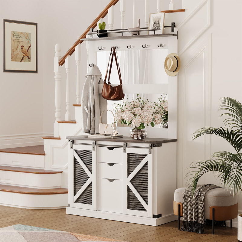 Banc d'entrée 77 po en blanc - Banc d'entrée en bois avec 7 crochets à manteau, 3 tiroirs, 2 miroirs, rangement pour chaussures et portes coulissantes