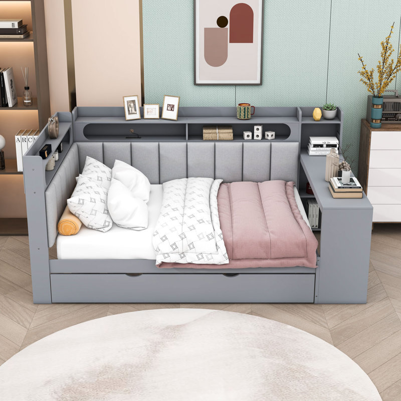 Daybed with Trundle, Storage Shelves, Desk, LED Lights and Charging Station, Gray