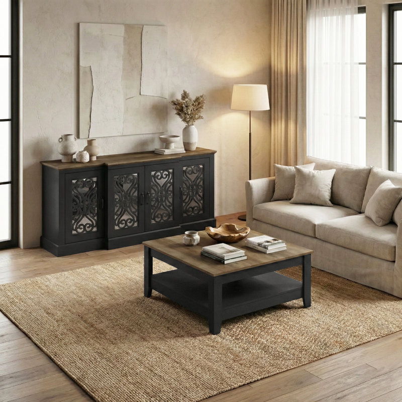 Weddel Basilico 2 Piece Modern Sideboard And Coffee Table Living Room Set, Knotty Oak, Black
