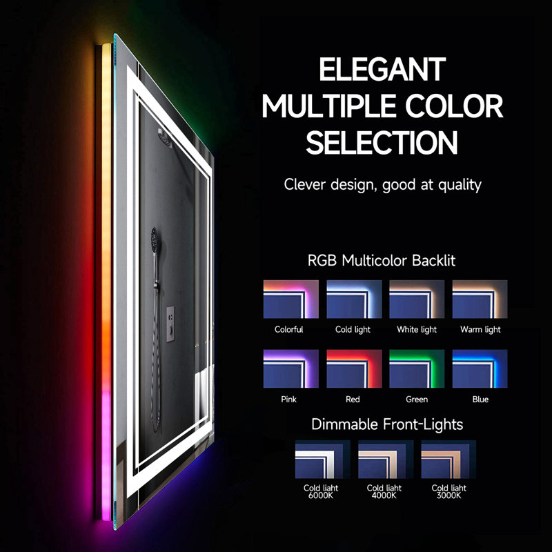 Miroir de salle de bain 55 po x 36 po à DEL sans cadre, miroir intelligent, rétro-éclairage RVB