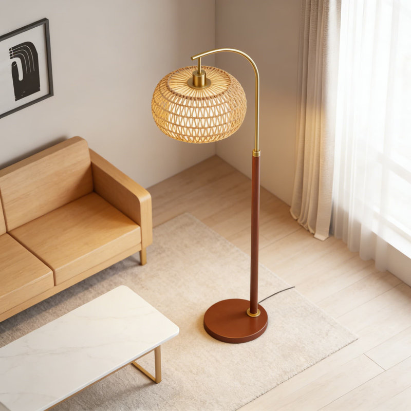 Modern Arc Floor Lamp With Remote Control - Adjustable Dimmable LED Light With 3 Color Temperatures, Rattan & Linen Shade For Living Room, Bedroom, Or Farmhouse Decor