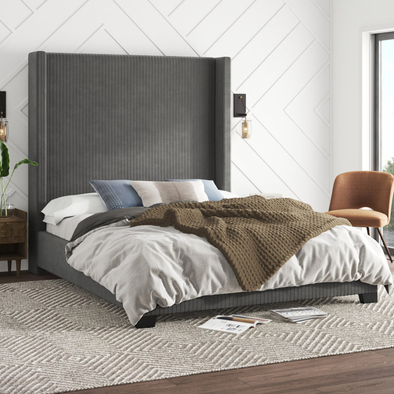 Solon Upholstered Wingback Bed, Queen, Gray