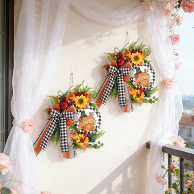 2pcs Fall Wreaths for Front Door Outside, Autumn front door wreath Sunflower Wreath, Outdoor Fall Decorations for Home Porch Thanksgiving Harvest Table Centerpiece