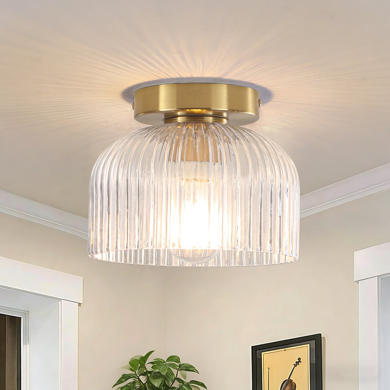 1-Light Ribbed Glass Semi Flush Mount Ceiling Light, Brushed Gold
