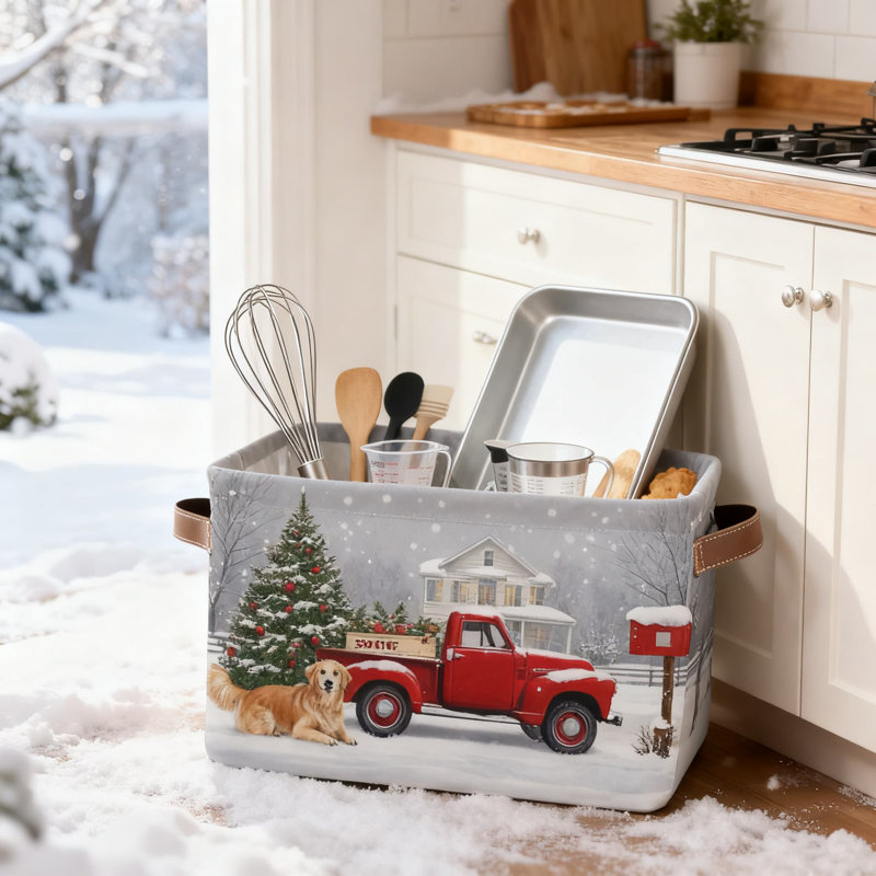 Christmas Tree Red Truck Fabric Storage Basket Collapsible Laundry Organizer Bin For Clothes Toys Books With Sturdy Handles