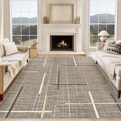 Tapis moderne très grand lavable à la machine 10 x 13 pour chambre à coucher Tapis antidérapant à motif géométrique antidérapant pour tapis de chambre à coucher, brun