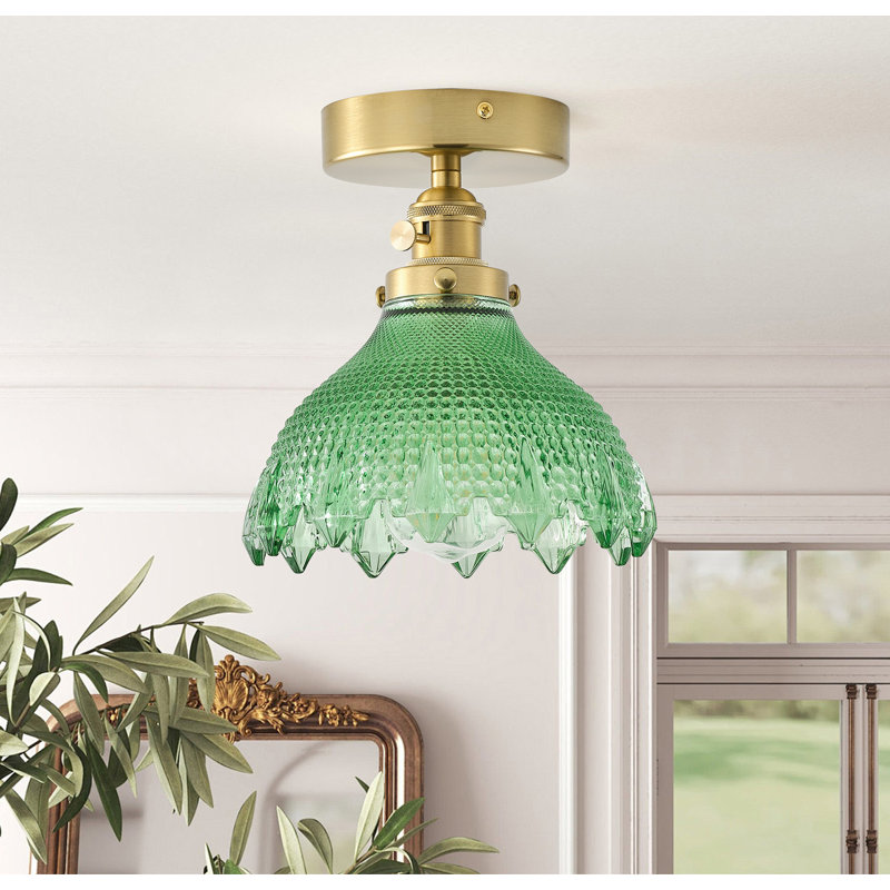 1-Light E26 Flush Mount, Polished Brass & Green Glass, Dimmable Metal Fixture, ETL Listed