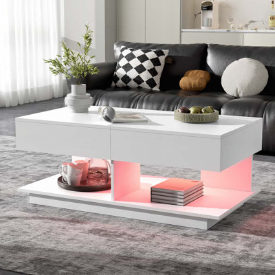 Table basse à plateau relevable ultrabrillant avec plusieurs compartiments de rangement