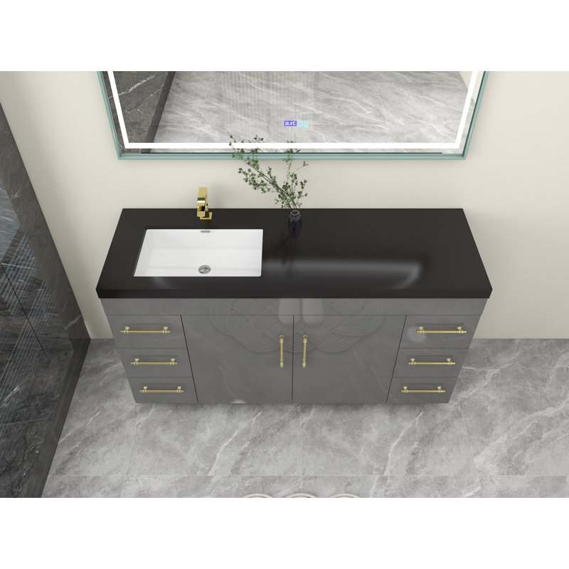 Ensemble de meuble-lavabo simple 60 po Campea, Gris à haute brillance, Or mat