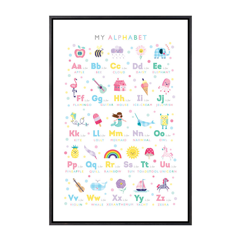 Alphabet imprimé - impression d'art graphique, H 26 po x l 18 po x 1,5 po, Toile avec cadre noir patiné, Pas de tapis