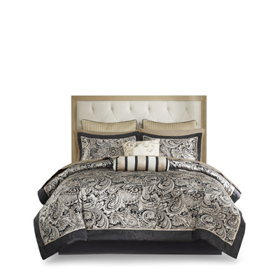 Édredon 12 pièces pour très grand lit noir. Comprend des draps en coton. Comprend un édredon, des taies décoratives, des oreillers et une jupe de lit. Motif cachemire captivant merveilleux