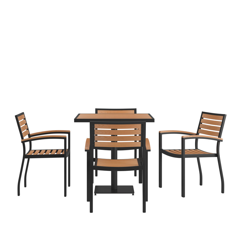 Abdimalik 4 Faux Teak Accented Club Chairs and 30" Square Faux Teak Patio Table Set
