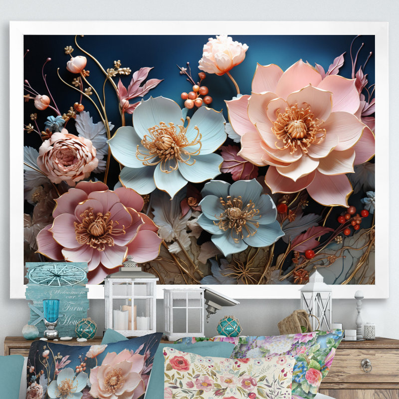 «Blue Enchanted Gardens I - Abstract Botanicals», impressions sur toile, Cadre simple blanc, L 32 po x H 16 po