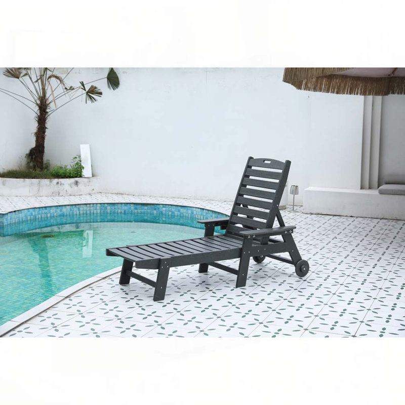 Lounge Chair Outdoor with Wood Texture,Oversized Chaise Lounge Chair with 5 Positions, HDPE, Patio Lounge Chair with Wheels & Cup Holder for Pool