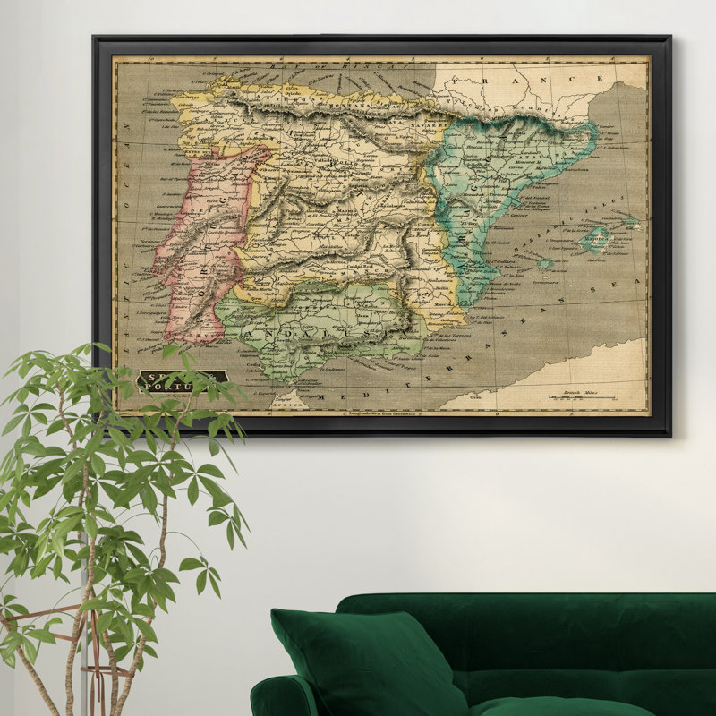 Carte de l’Espagne de Thomson-impression d’art graphique sur toile encadrée, H 18,5 po x l 24,5 po x P 1,5 po, Cadre noir