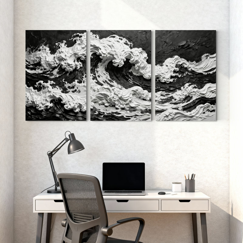 Abstrait noir et blanc, "Ocean Waves", ensemble de 3 reproductions d'art sur toile, H 18 po x l 36 po