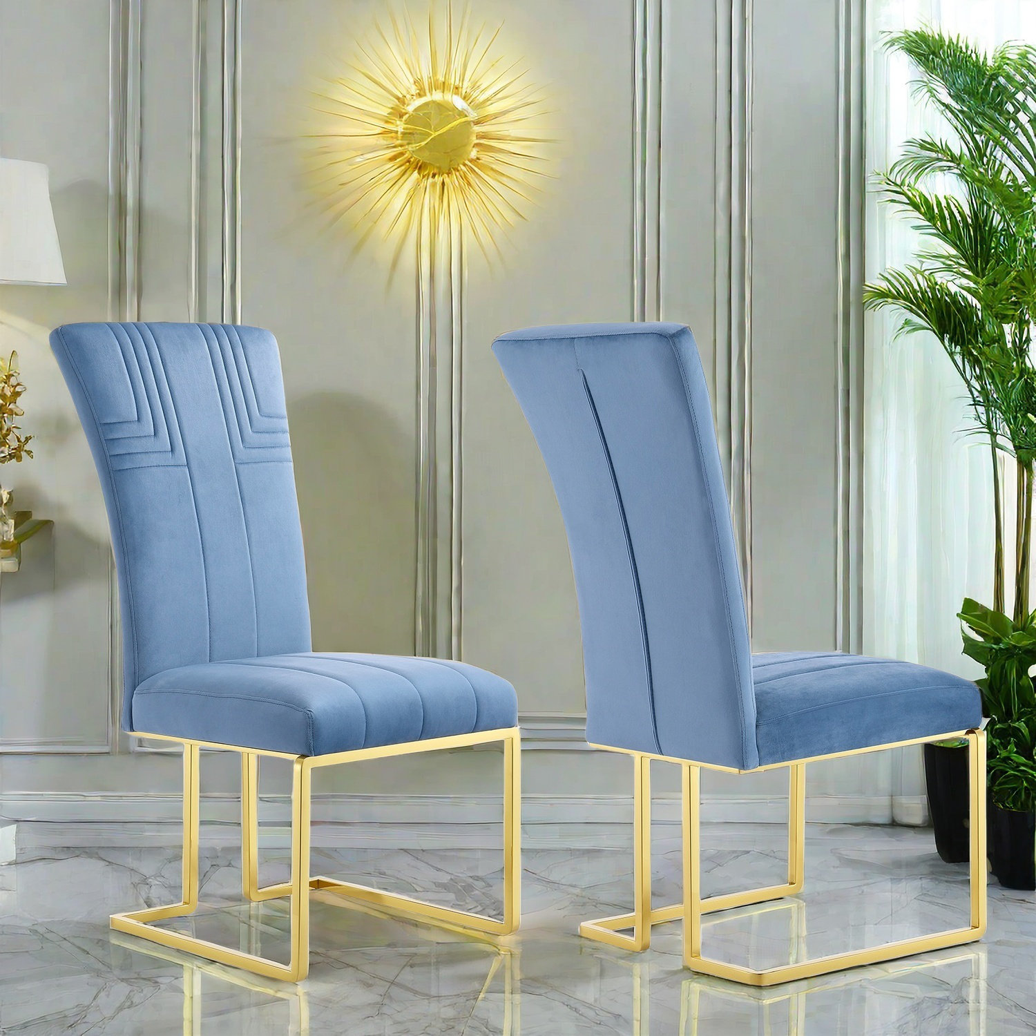 Mercer41 Sky Blue Velvet Dining Chairs With Gold Legs | Wayfair