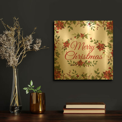 'Poinsettia Merry Christmas' By Jean Plout Gold Metal Wall Art, 12" x 12"