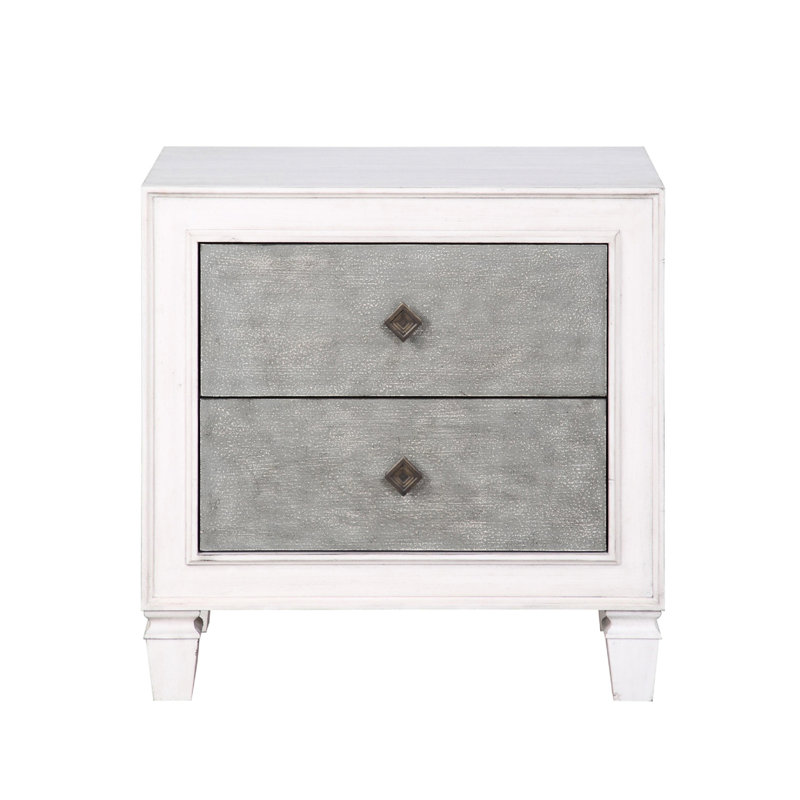 Table de chevet de chambre à coucher en gris rustique - 2 tiroirs en bois de peuplier, glissières latérales en métal, blanc vieilli