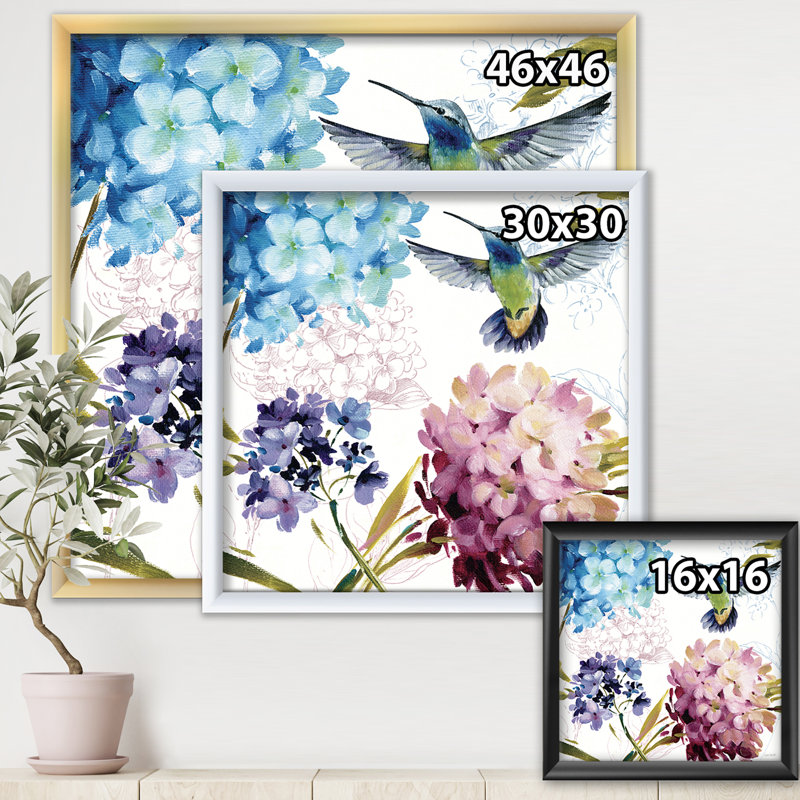 Humming Bird Blue Cottage Flower - reproduction d'art sur toile, Cadre blanc, H 16 po x l 16 po x P 1 po