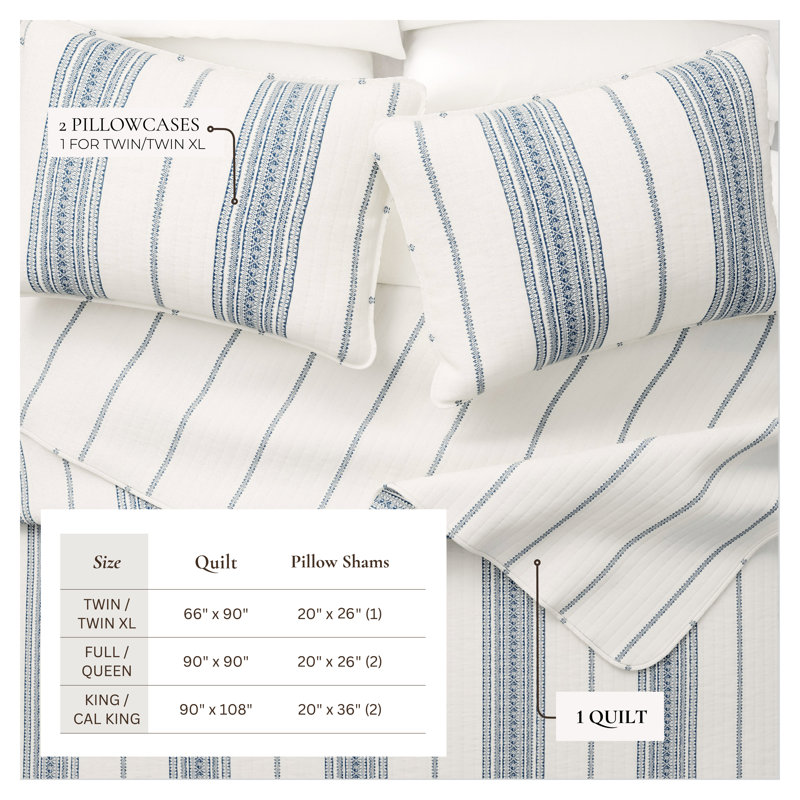 Ensemble de courtepointe réversible rayé de style campagnard avec taies décoratives, Blanc/bleu marine