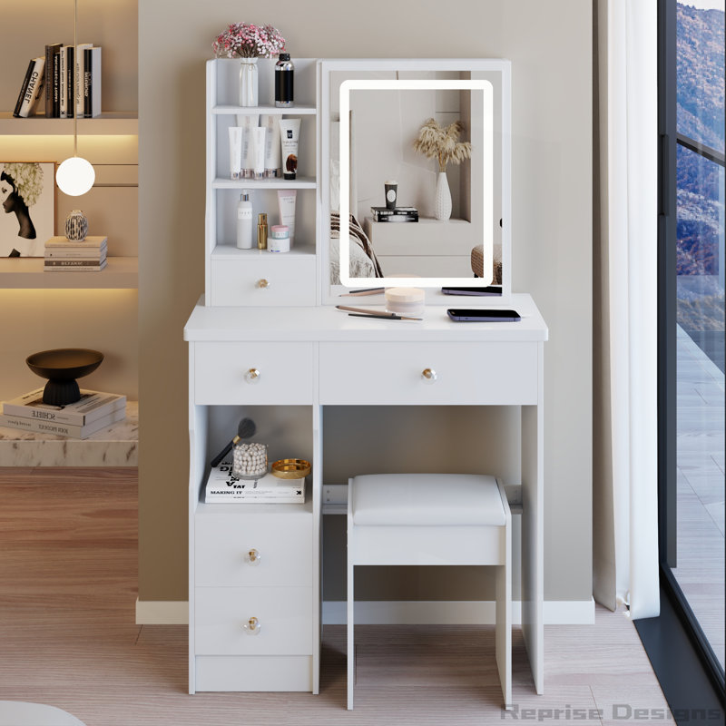29.2" Small Size Left Drawer Desktop Vanity Table with Cushioned Stool and Brightness Adjust LED Mirror, White
