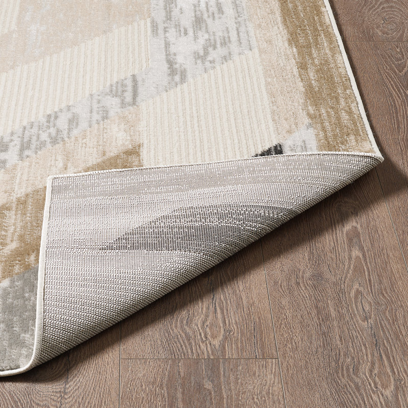 Tapis turc moderne à motif géométrique tissé à la machine en noir / beige / gris, Rectangulaire 8 pi x 10 pi