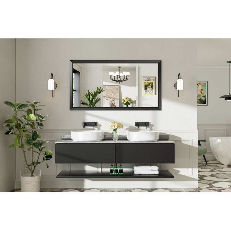 Miroirs de salle de bain modernes et contemporains en métal biseauté rectangulaire / carré avec verre trempé HD, Noir mat